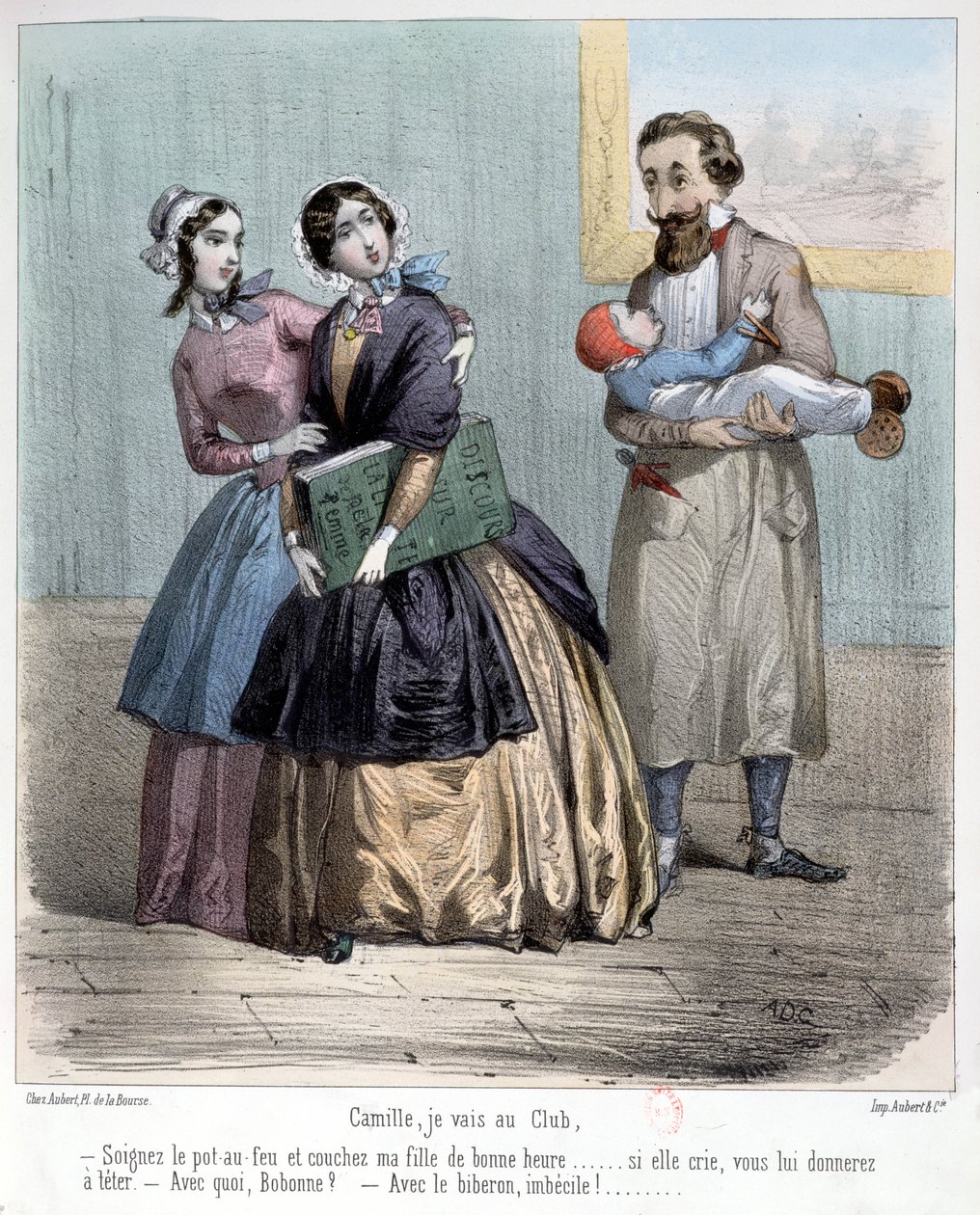 Women leaving their husbands to look after children while they go to their club, 1848 by French School