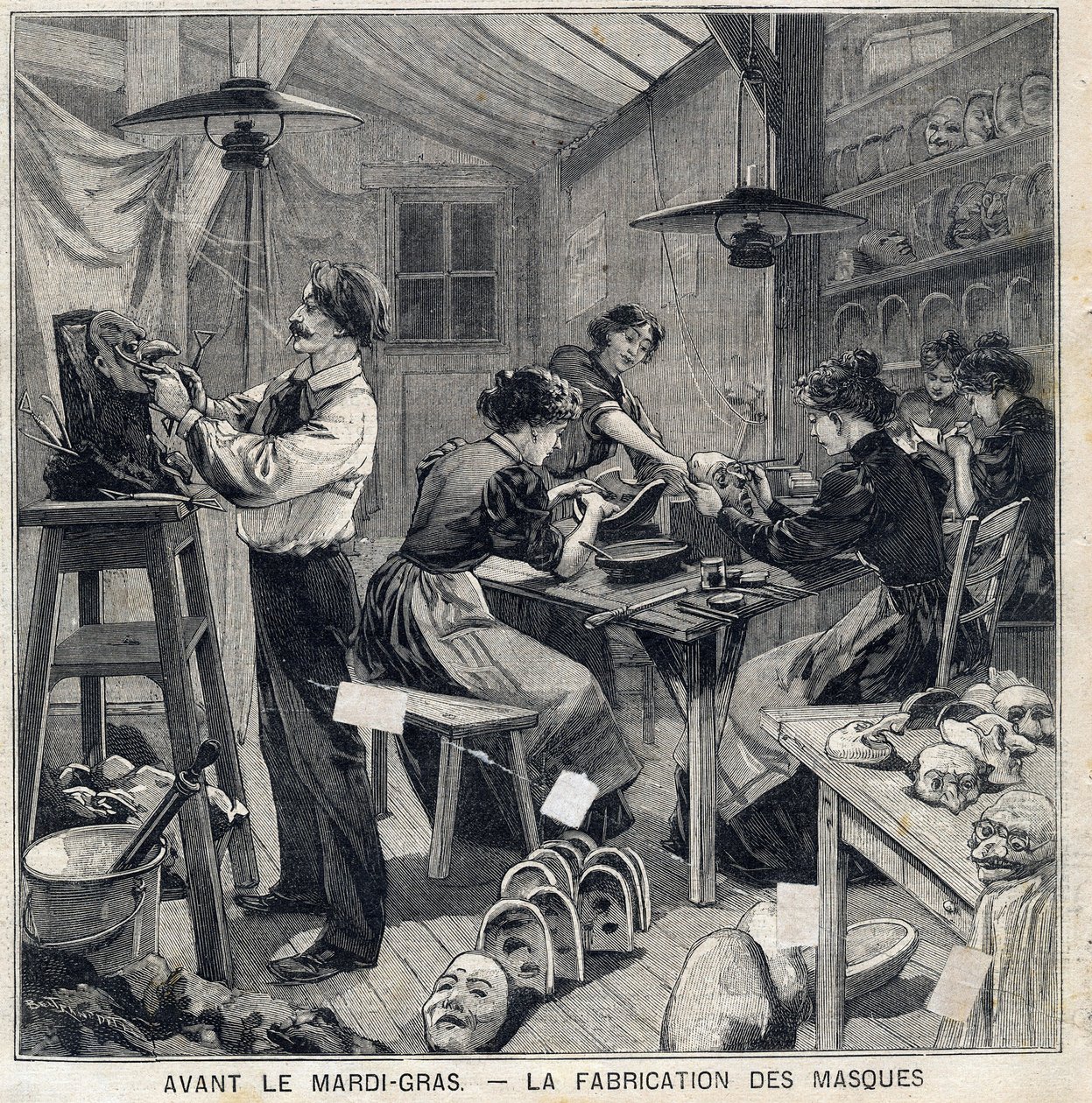 Workshop to manufacture masks for the disguises of the Mardi Gras festival. In Le Petit Parisien on 14/02/1897 by French School