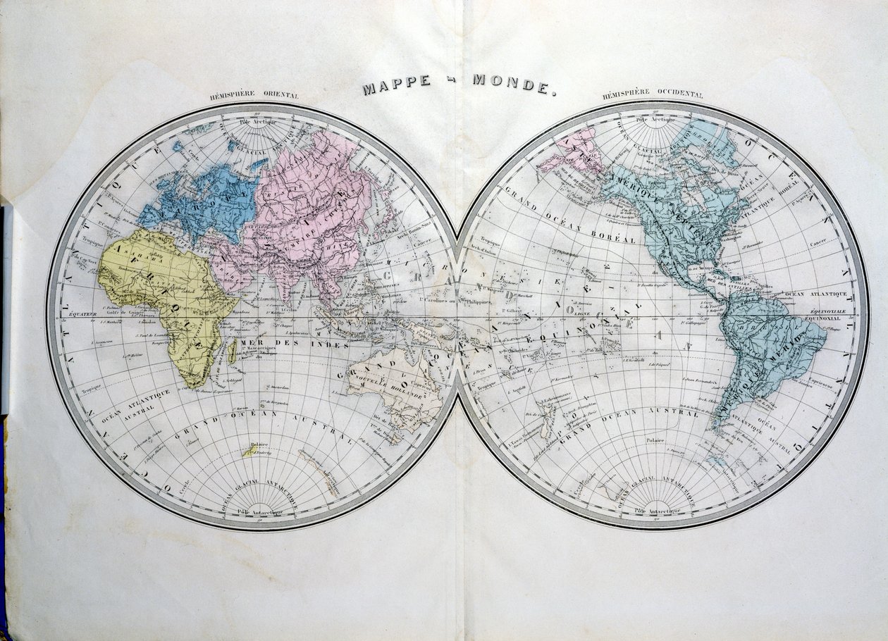 World map, illustration from Atlas Geographique Moderne by Prosper-Auguste Poulain de Bossay, c.1850 by French School