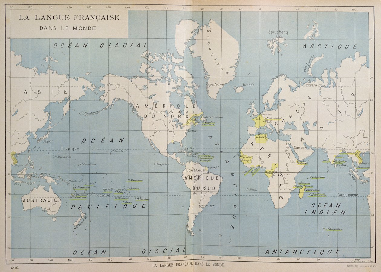World map of French-speaking countries, early 20th century by French School
