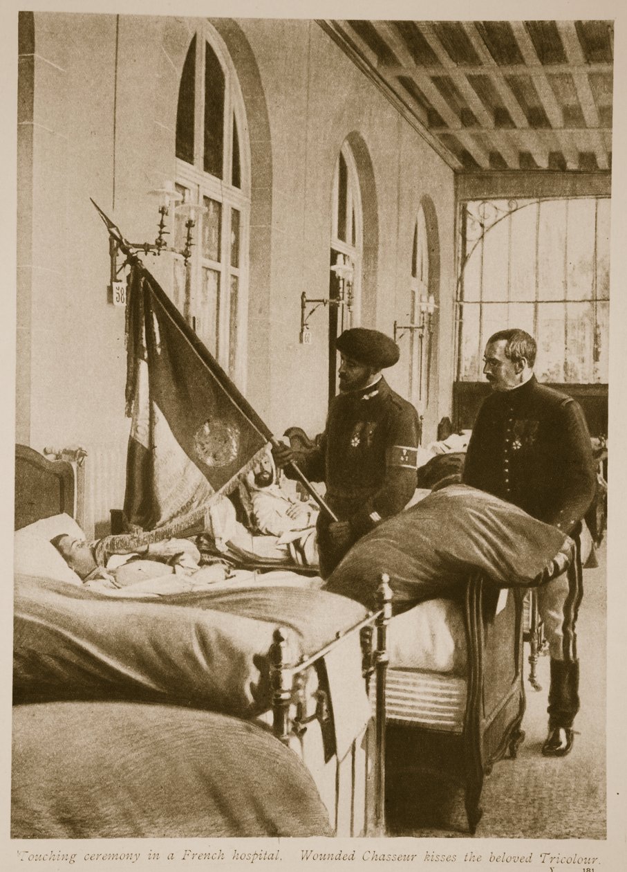Wounded Chasseur Kisses the Beloved Tricolour, 1914-19 by French School