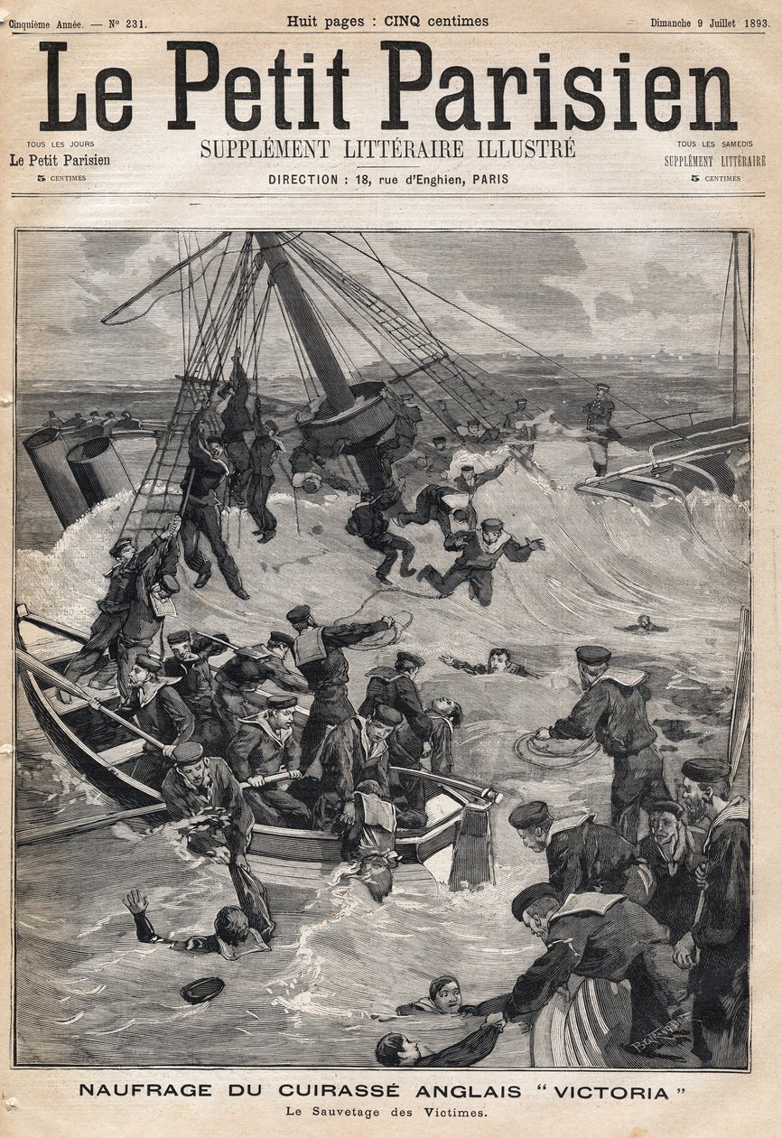 Wreck of the English armour Victoria following a collision on the coast of Syria and rescue the victims. One of the newspaper Le petit Parisien on 9/07/1893 (engraving) by French School