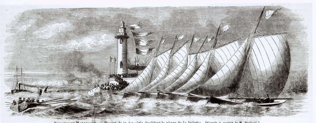 Yachts rounding the Joliette Lighthouse during the 1864 Regatta at Marseilles, from Le Monde Illustre, 17th September, 1864 by French School