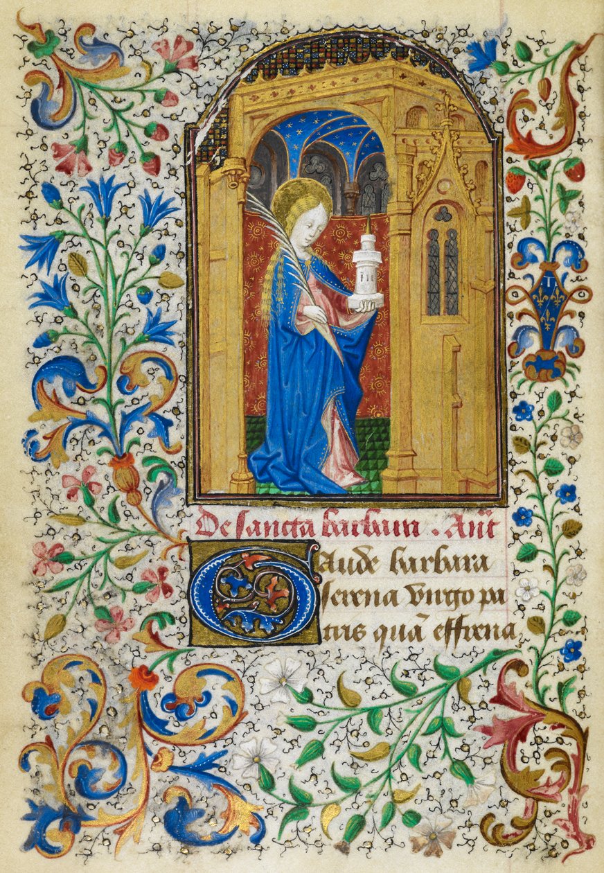 Miniature of St. Barbara beneath a golden arch, carrying a palm and her tower, with a full foliate border, at the beginning of her suffrage, from 