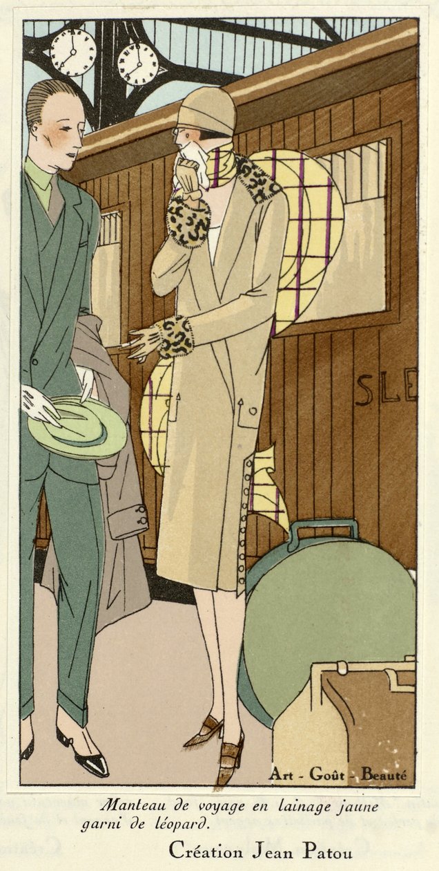 Yellow Wool Travelling Coat with Leopard Trim, from Art-Gout-Beaute, pub. 1920