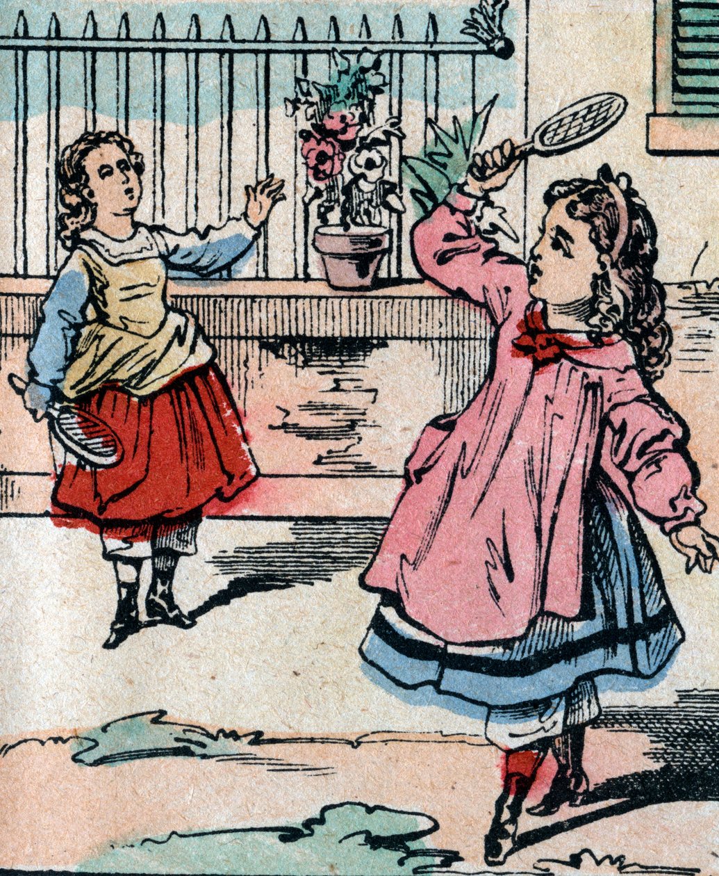 Young girls playing battledore and shuttlecock, early game similar to badminton (engraving) by French School