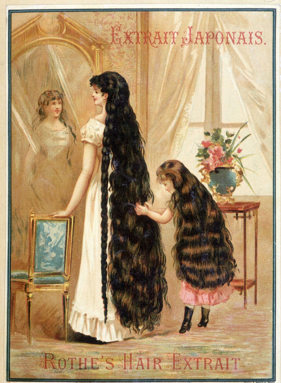 Young woman and her little girl with both very long and abundant hair - advertisement for Rothe