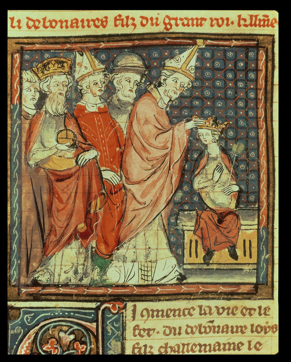 The Coronation of Louis I the Pious (778-840) Holy Roman Emperor by Pope Stephen IV at Reims in 816, from the Grandes Chroniques de France, 1375-79 by French School