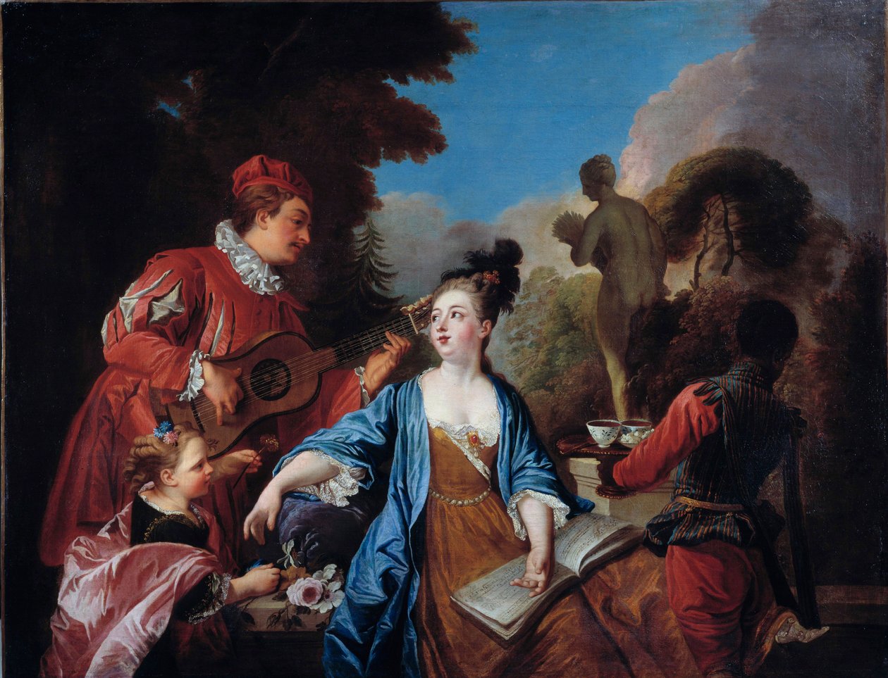 Taste it in a park. Young people of the nobility get served tea in the garden by a young black servant. Painting of the French School. 18th century by French School