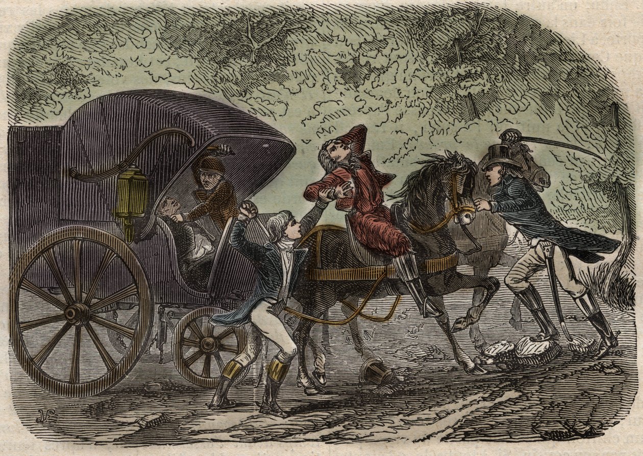 The Lyon mail post affair - Affaire du courrier de Lyon - la malle-poste is attacked in Seine et Marne by 5 individuals on 28 April 1796 - Engraving in 