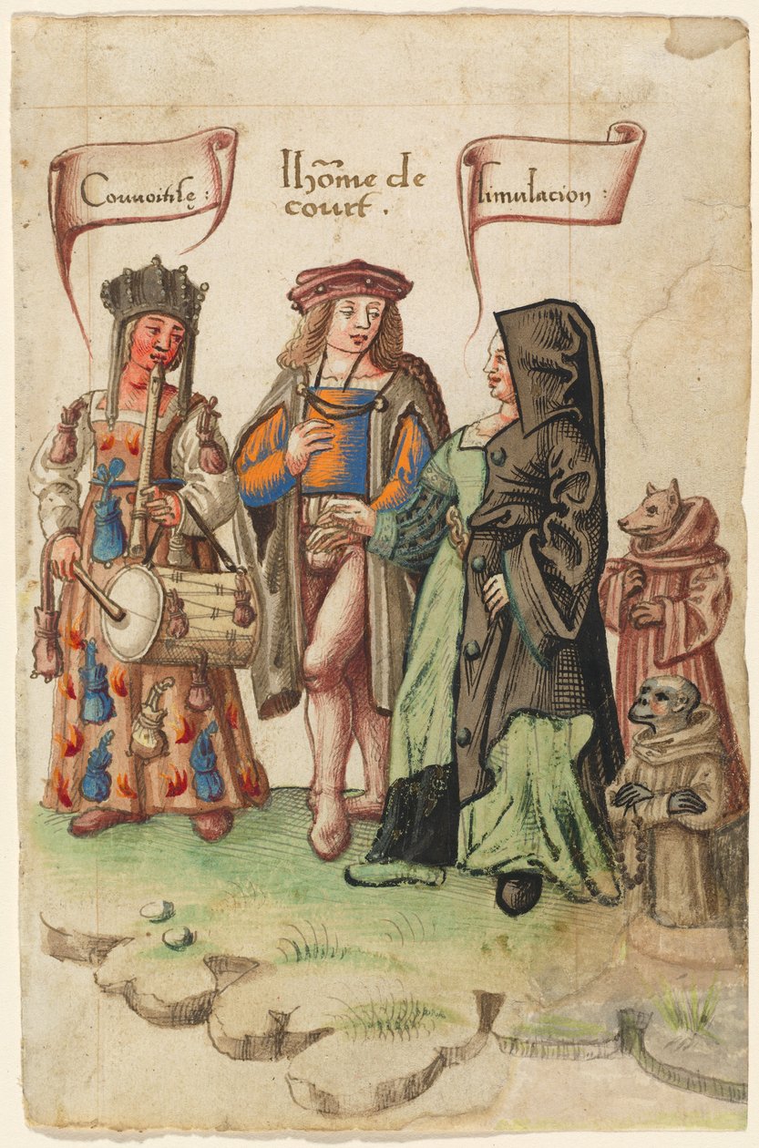 A Courtier Standing Between Covetousness and Dissimulation (fol. 14 recto) by French early 16th Century