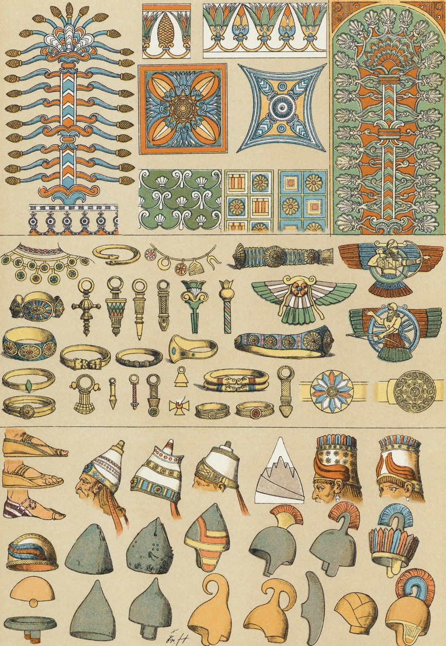 Babylonian and Assyrian headdresses and footwear by Friedrich (after) Hottenroth