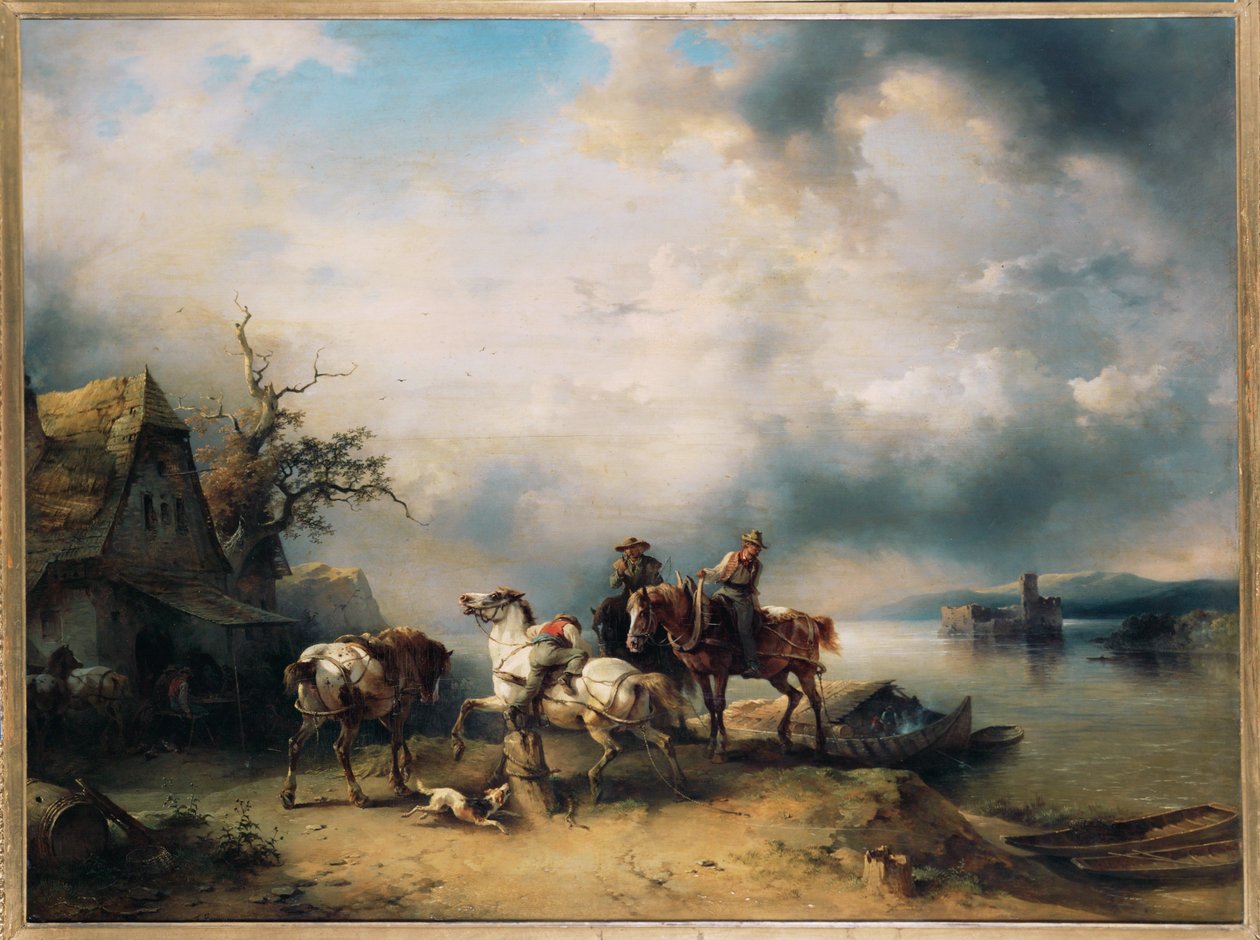 Horses Pulling Boats Resting Near a Pub on the Danube by Friedrich Gauermann