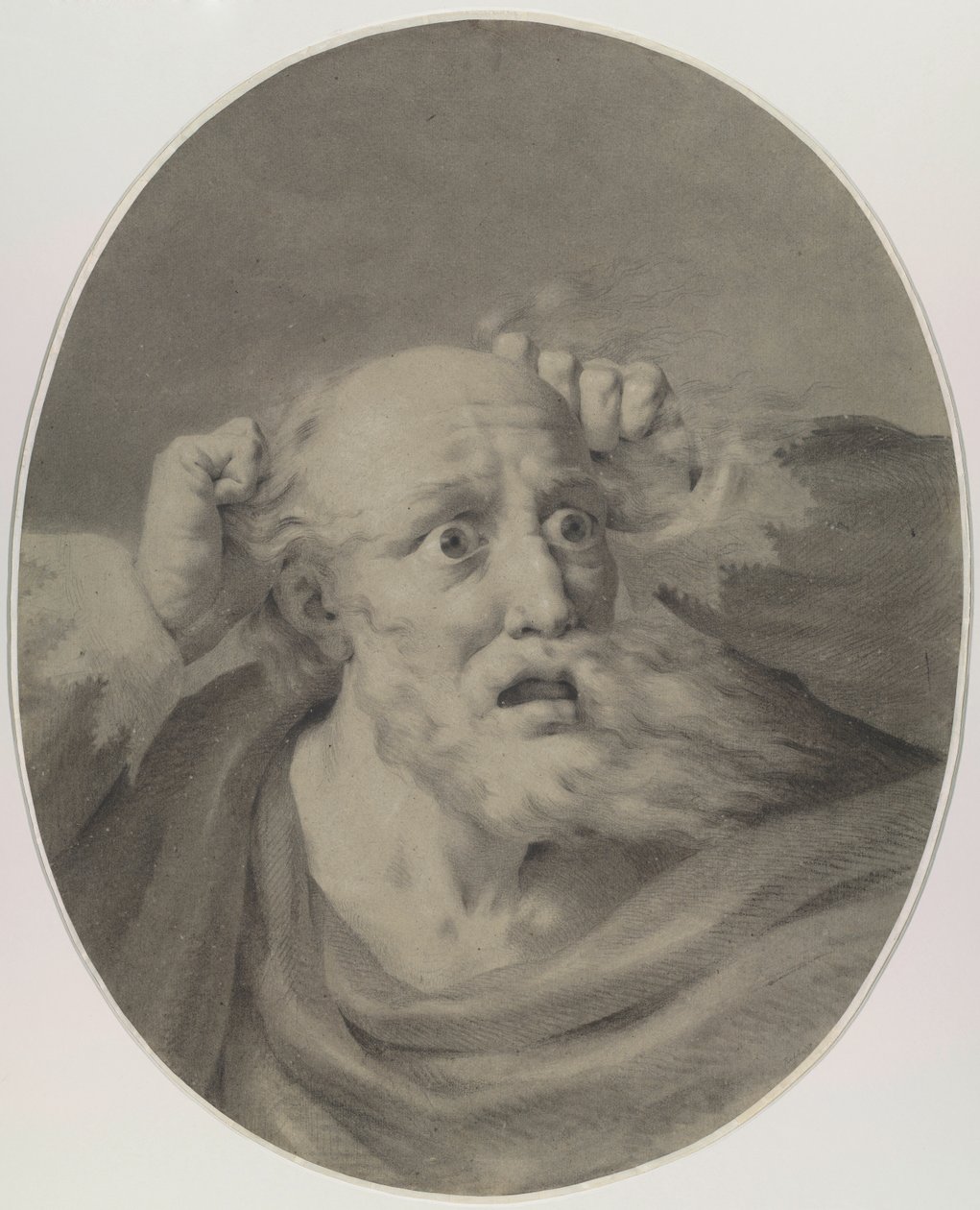 Old man with beard, scuffling his hair by Friedrich Rehberg