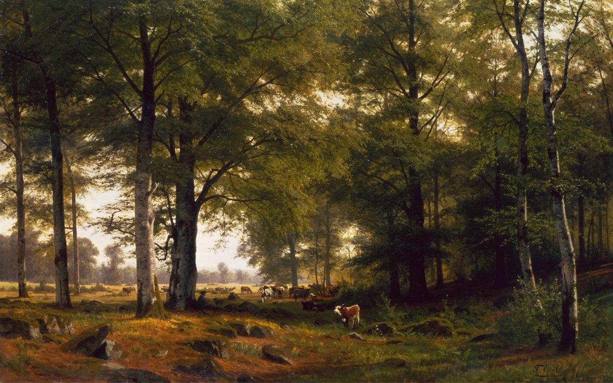 A Wooded Landscape with a Cowherd by Fritz Carl Werner Ebel