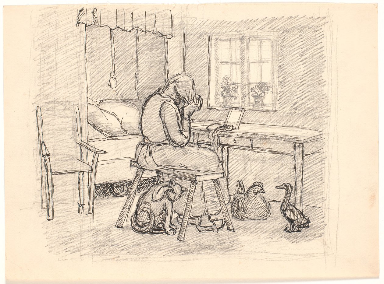 The old woman braids hair by Fritz Syberg
