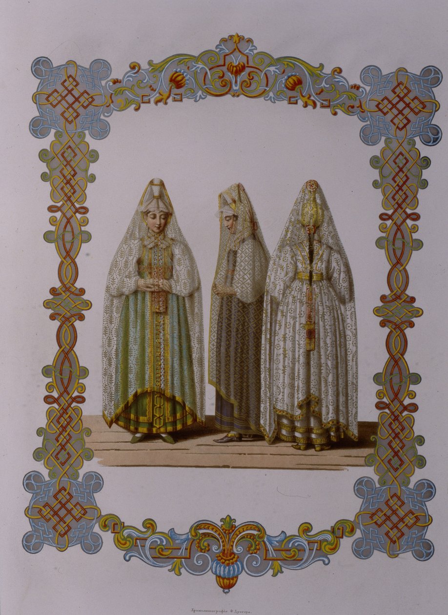 Costumes of Maidens from Torzhok From the series Clothing of the Russian state by Fyodor Grigoryevich Solntsev