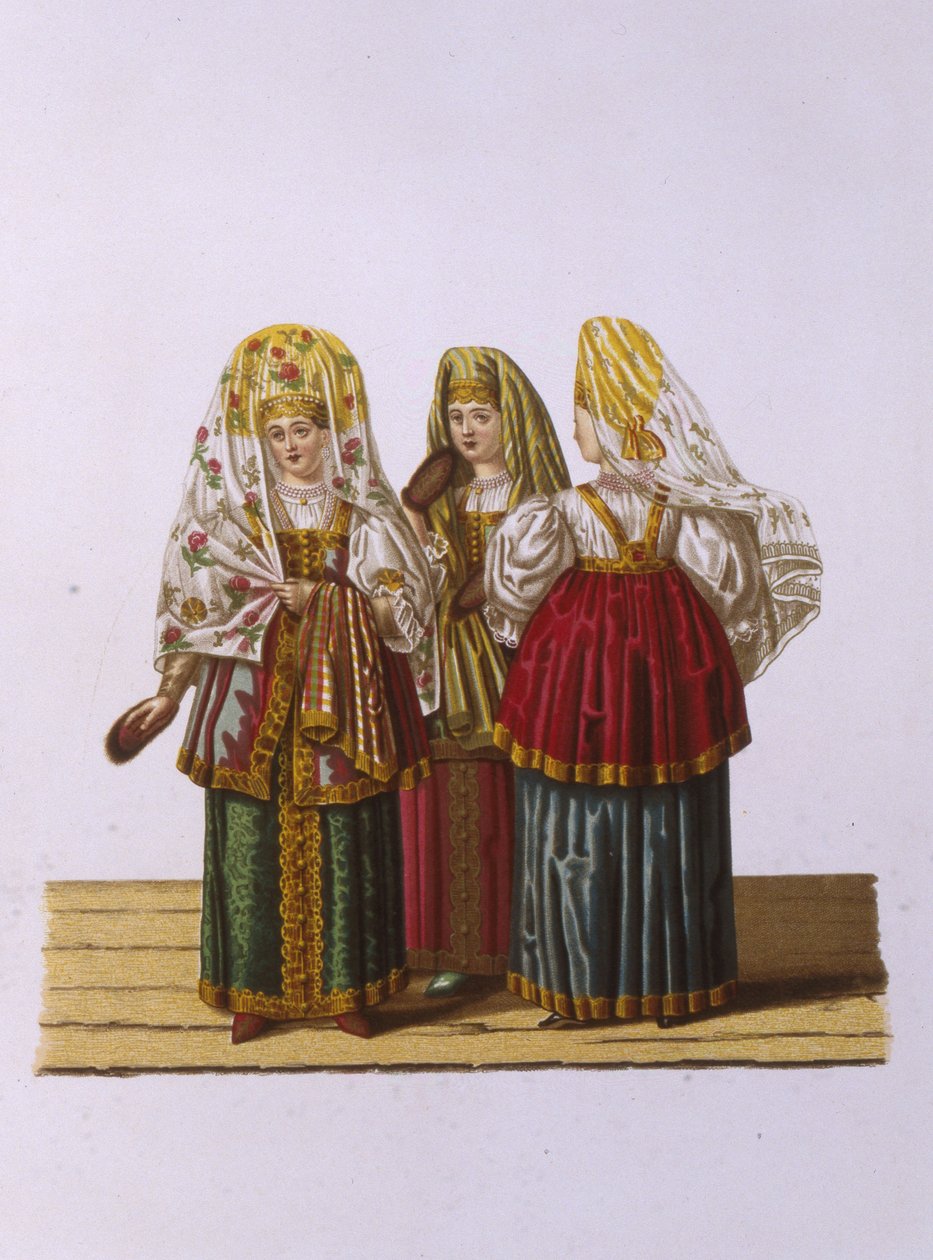 Costumes of Women and Maidens from Tver From the series Clothing of the Russian state by Fyodor Grigoryevich Solntsev