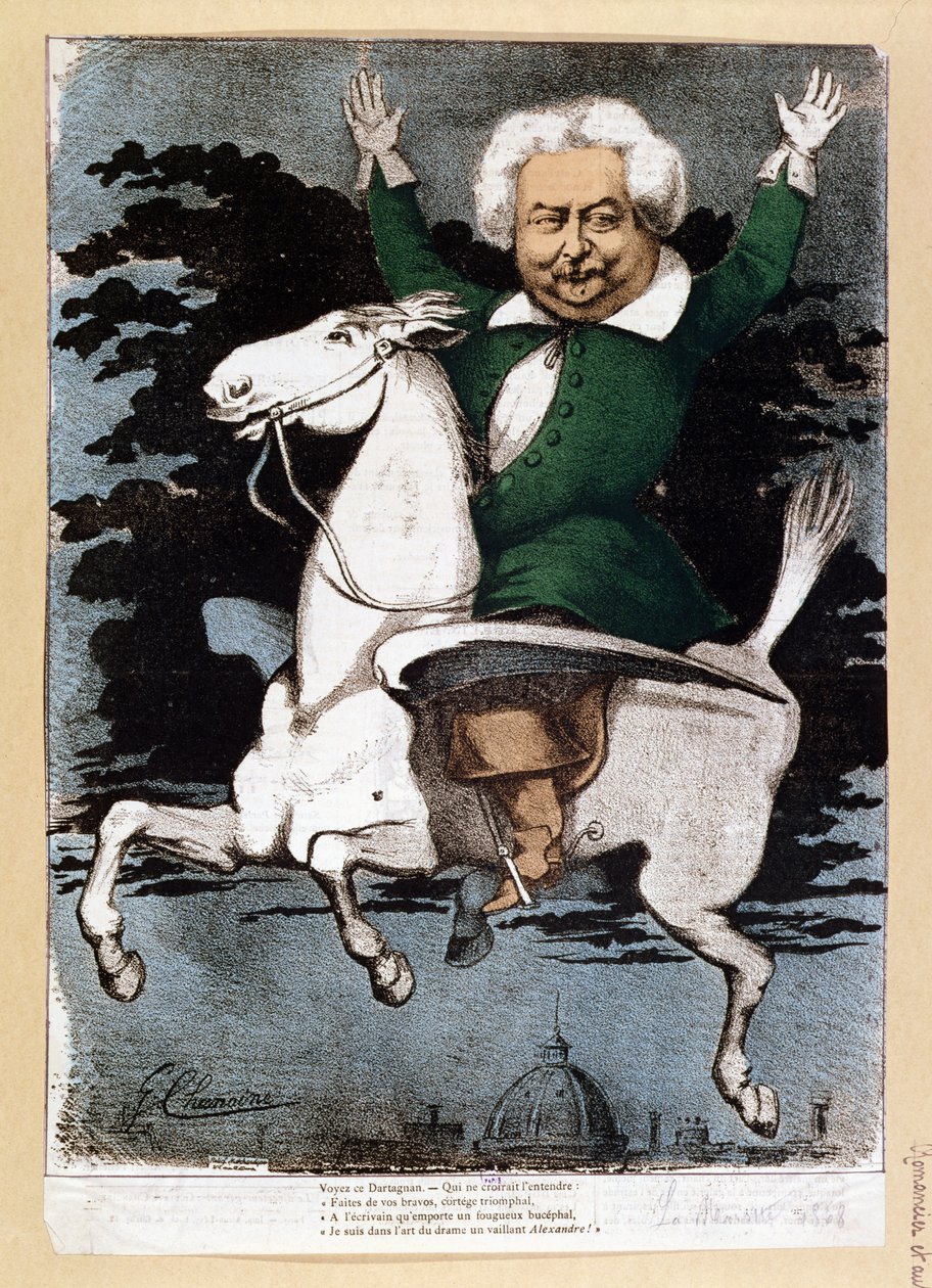Caricature of Alexandre Dumas as a Musketeer, Illustration from La Marotte by G. Chanoine
