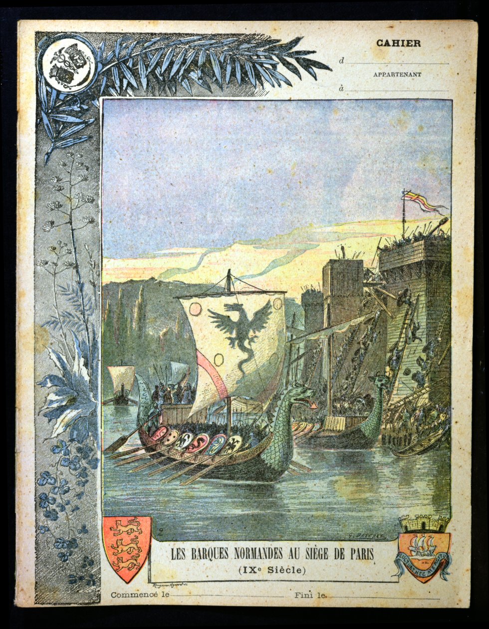 Norman ships besieging Paris, illustration from a cover of a school exercise book, late 19th century by G. Dascher
