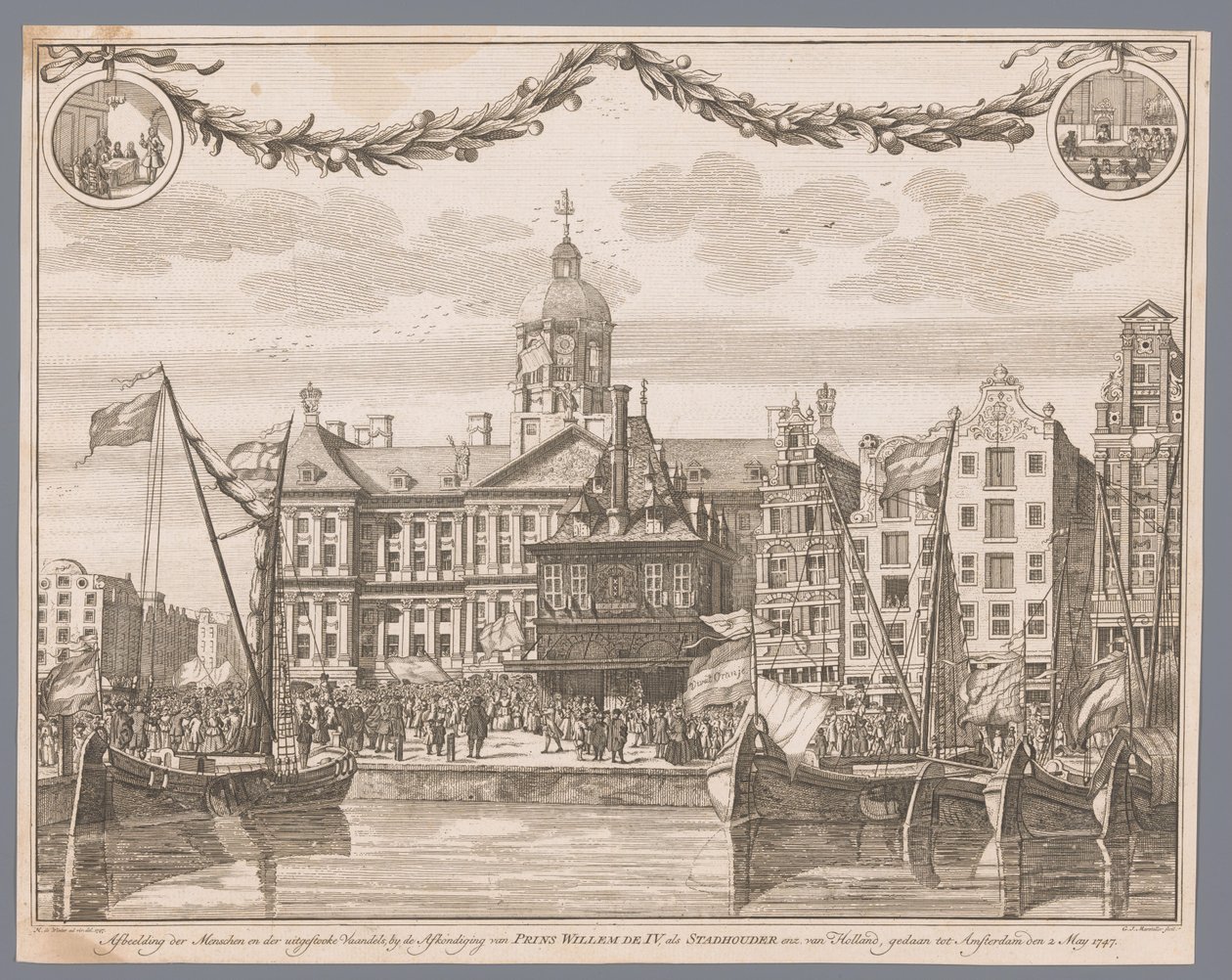 Crowd on the Dam in Amsterdam Celebrating the Proclamation of William IV as Stadtholder by G.J. Marstaller