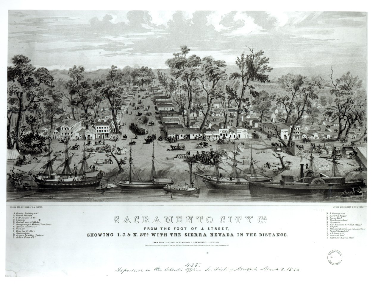 Sacramento City, California, from the Foot of J. Street showing I. J. and K. Streets with the Sierra Nevada in the Distance, engraved by William Endicott und Co., 1849 by G.V. Cooper