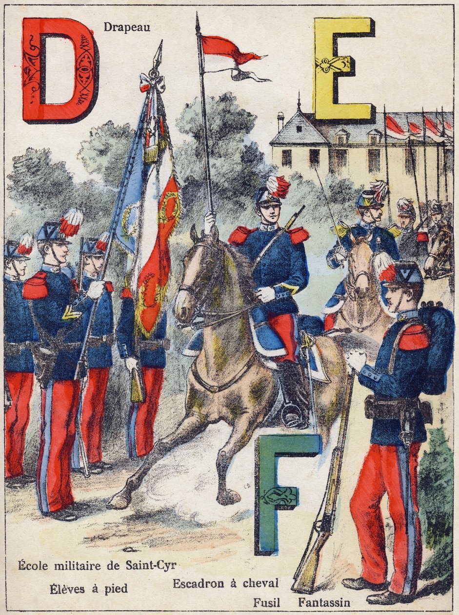 Letters D E F: Flag, Military School of Saint-Cyr (Saint Cyr), Eleves on foot, Horse Squadron, Rifle and Fantassin, c.1900 (lithograph) by G. Dascher