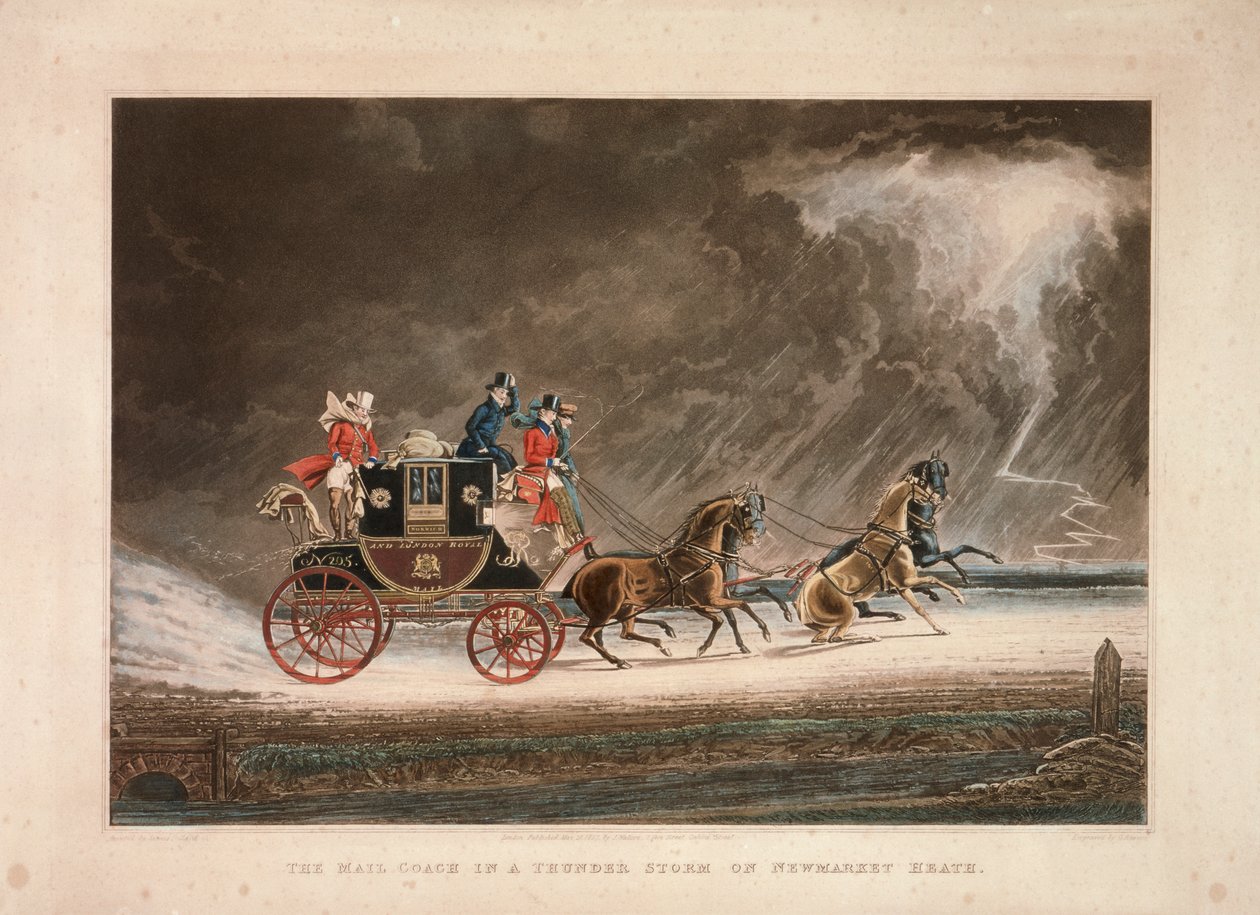 The mail coach in a thunderstorm on Newmarket Heath, Suffolk, 1827 by G Reeves