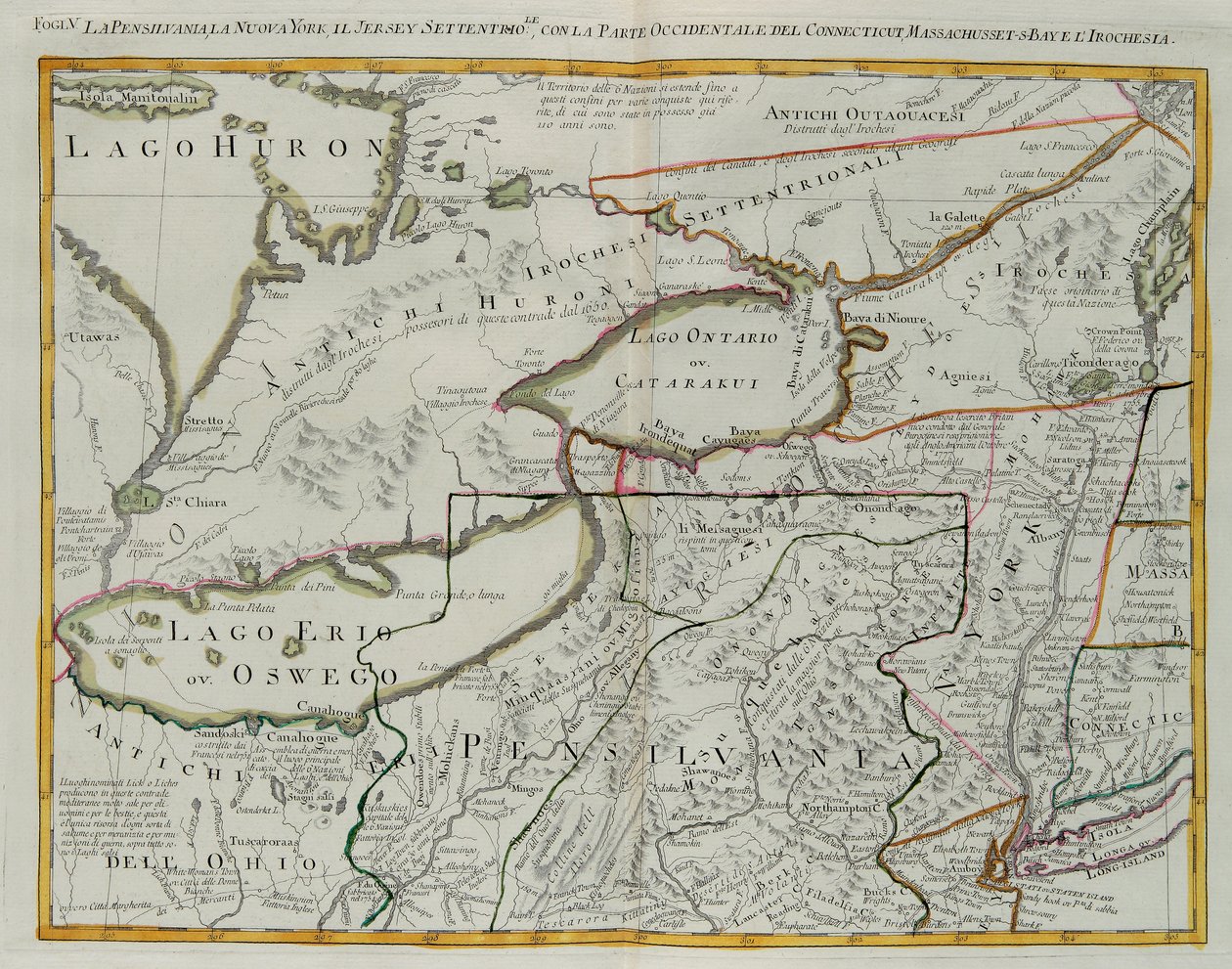 Pennsylvania, New York, southern New Jersey, with the western part of Connecticut, Massachusetts Bay and Land of the Iroquois, engraving by G. Zuliani taken from Tome I of the 