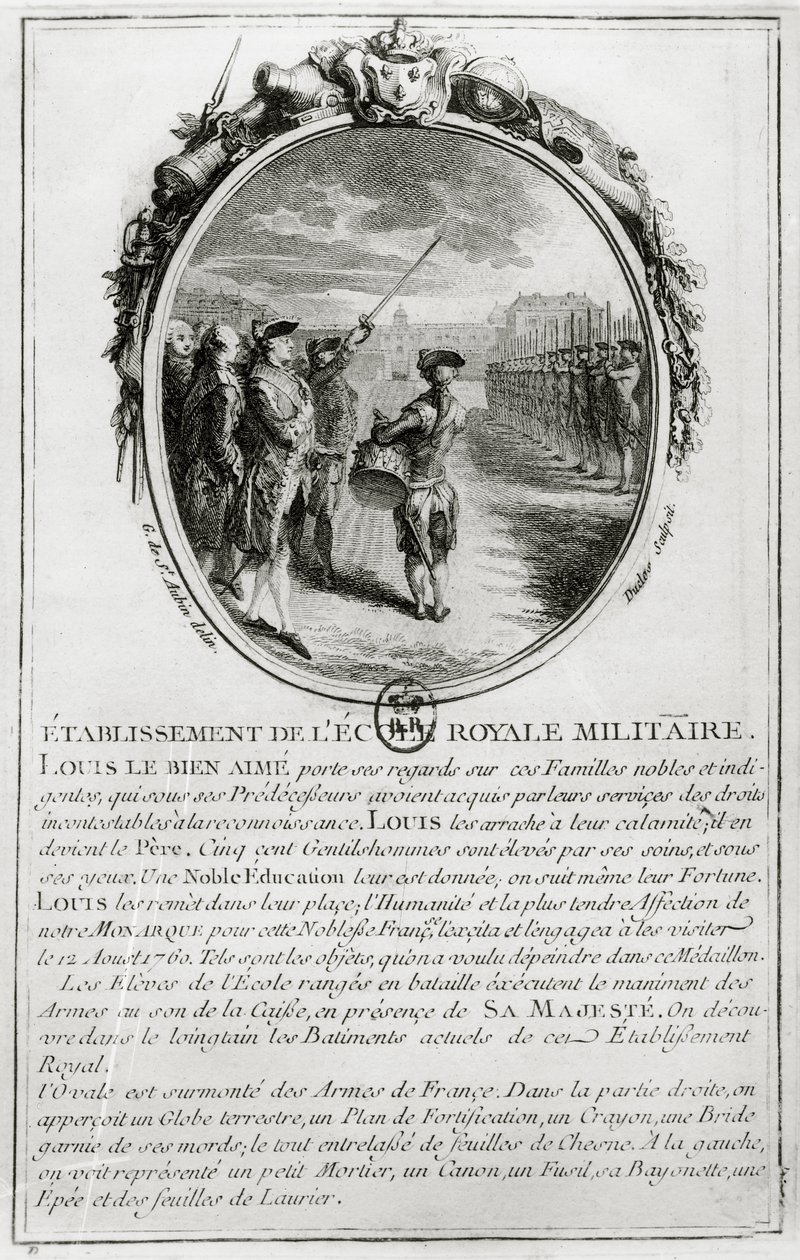 Louis XV Visiting the Ecole Militaire in Paris, 12nd August 1760, engraved by Antoine Duclos by Gabriel de Saint Aubin