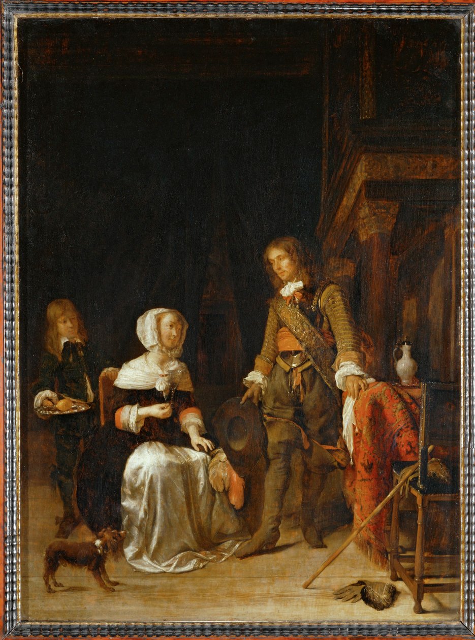 Military man visiting a young woman by Gabriel (attr. to) Metsu