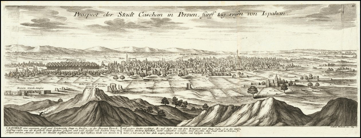 1720 illustration - Prospect of the city of Kashan in Persia five days journey from Isfahan by Gabriel Bodenehr
