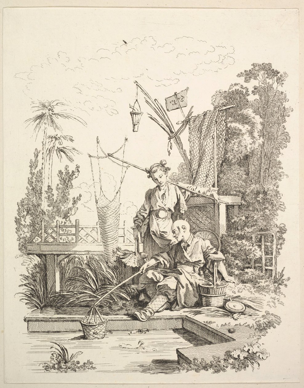 A Chinese Man and Woman Fishing by a Fishpond, 18th century by Gabriel Huquier