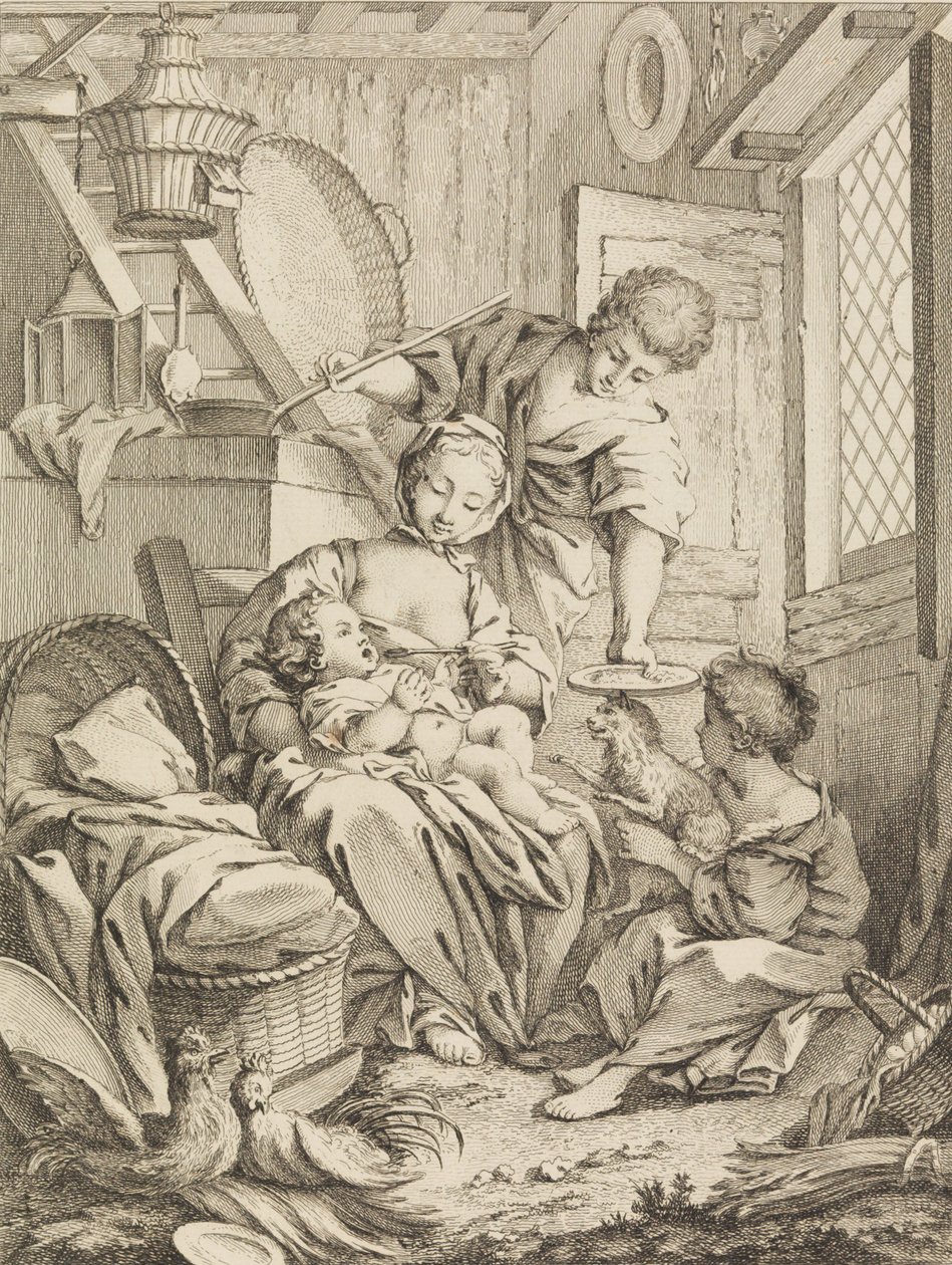 Young Woman Feeding her Infant, from Premier Livre de Sujets et Pastorales by Gabriel Huquier