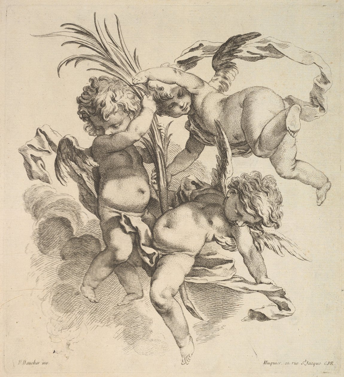 Three Children Among Clouds Near a Palm Leaf by Gabriel Huquier