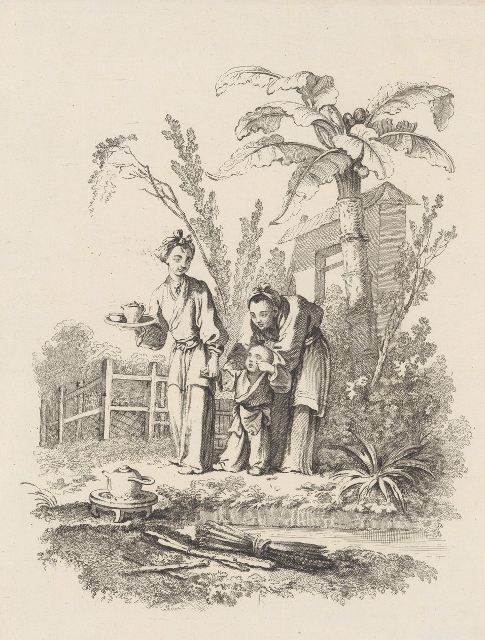 Two Women Leading a Child toward a Teapot on a Table near a Pond by Gabriel Huquier