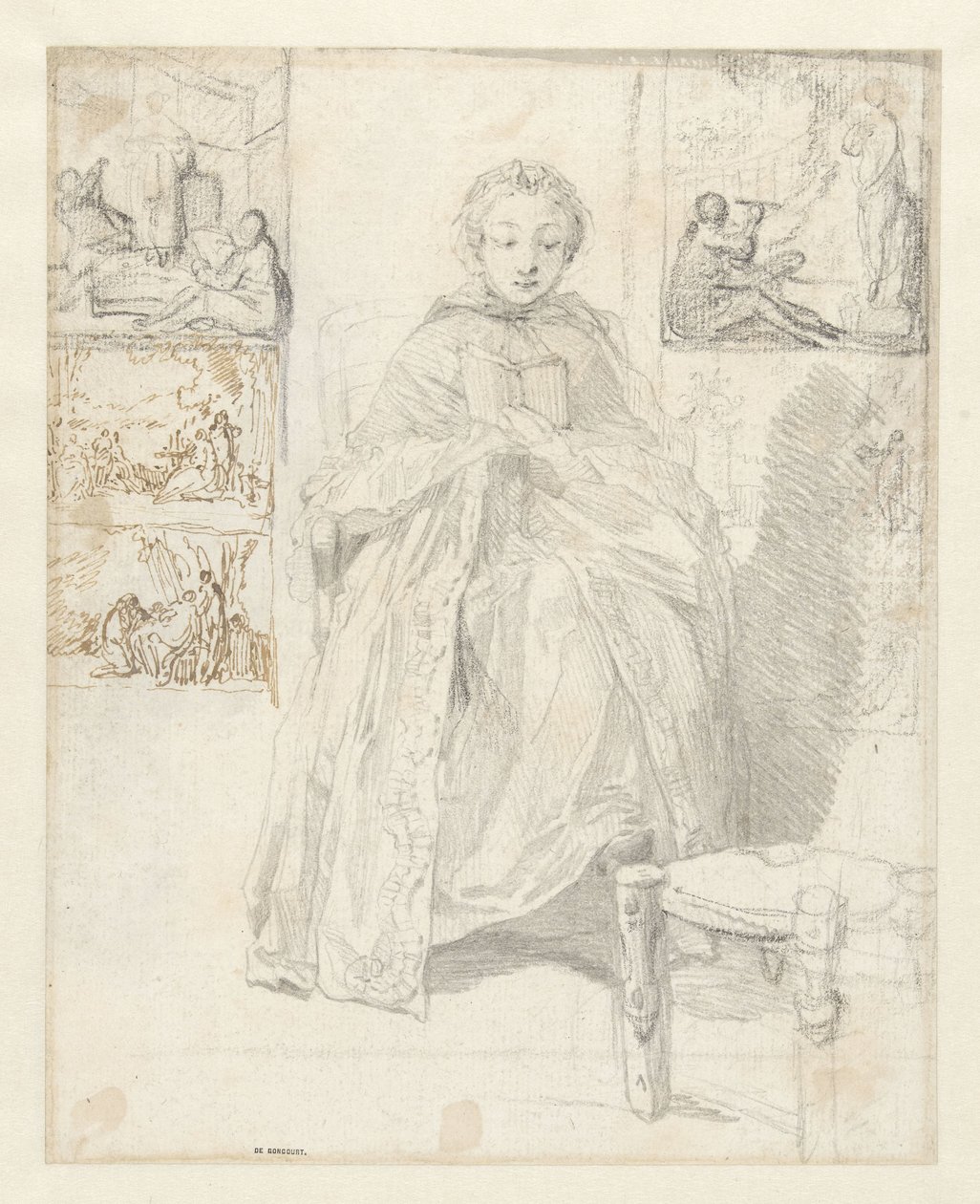 Study Sheet with a Reading Woman and Some Sketches by Gabriel Jacques de Saint Aubin
