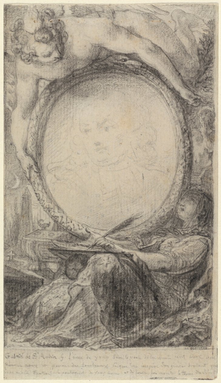 Allegorical Frame with a Genius and a Veiled Woman Writing by Gabriel de Saint-Aubin