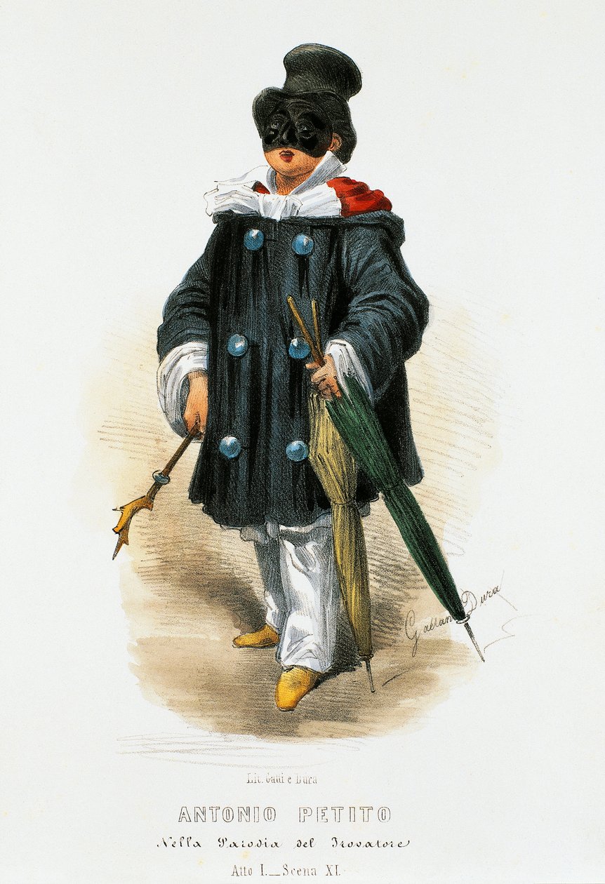 The actor Antonio Petito in stage costume in the parody The Troubadour by Gaetano Dura