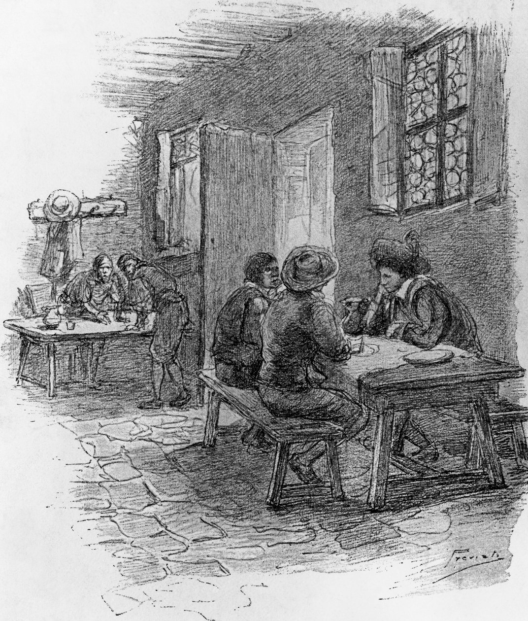 Renzo, Tonio, and Gervase at inn, Chapter VII, illustration by Gaetano Previati for Betrothed, historical novel by Alessandro Manzoni by Gaetano Previati