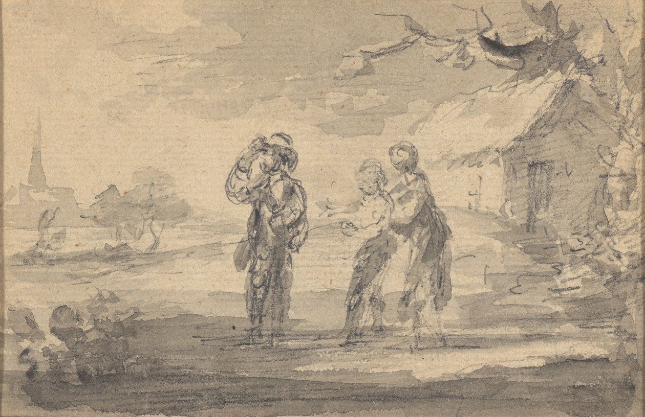 Landscape with three figures, cottage, and church spire by Gainsborough Dupont