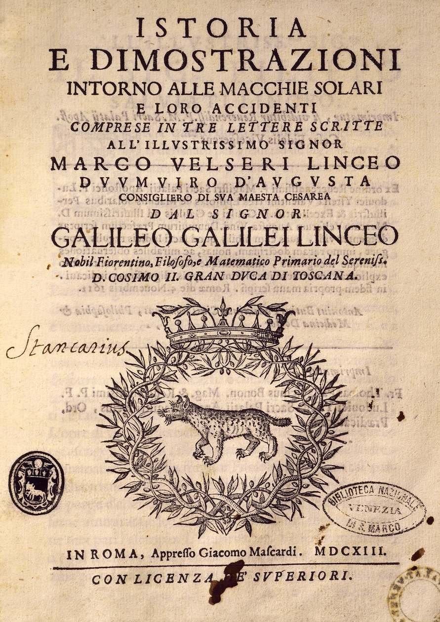 Title page of History and demonstrations concerning sunspots and their properties by Galileo Galilei