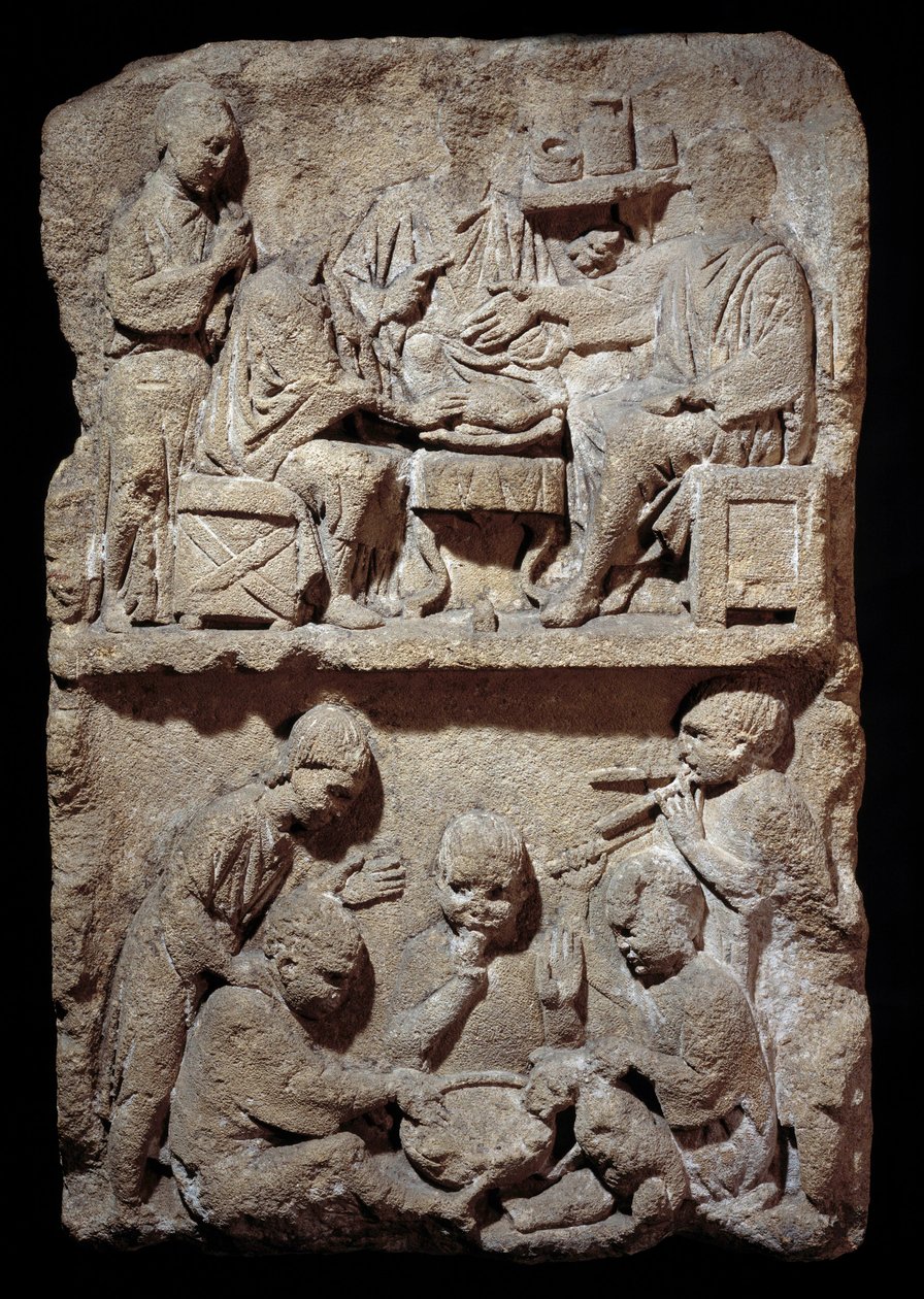 Stele representing a scene of meals and children's games