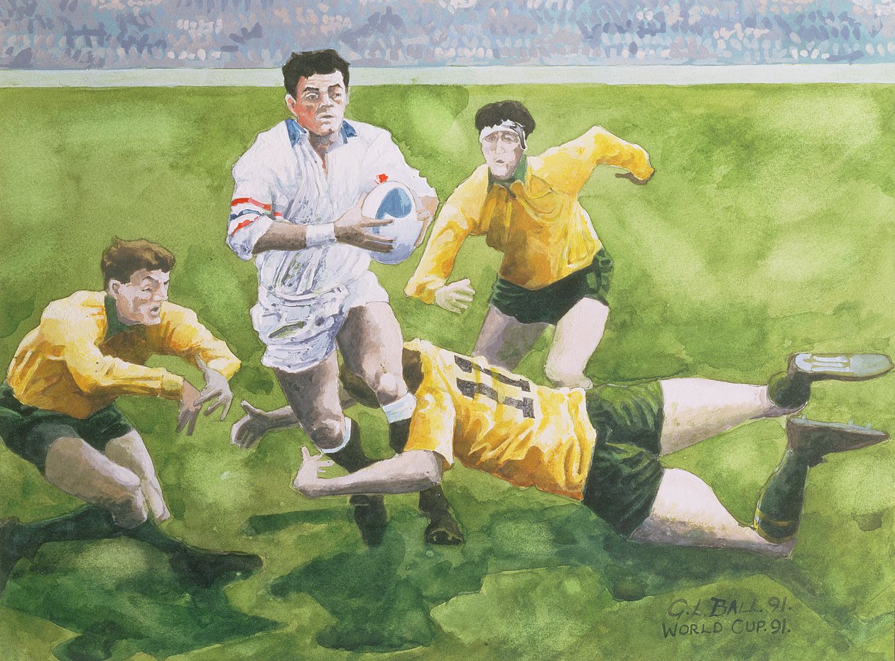 Rugby Match: England v Australia in the World Cup Final, 1991, Will Carling being tackled by Gareth Lloyd Ball
