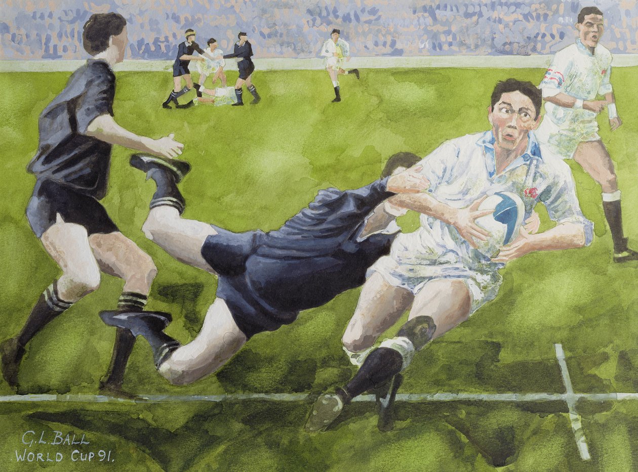 Rugby Match: England v New Zealand in the World Cup, 1991, Rory Underwood being tackled by Gareth Lloyd Ball