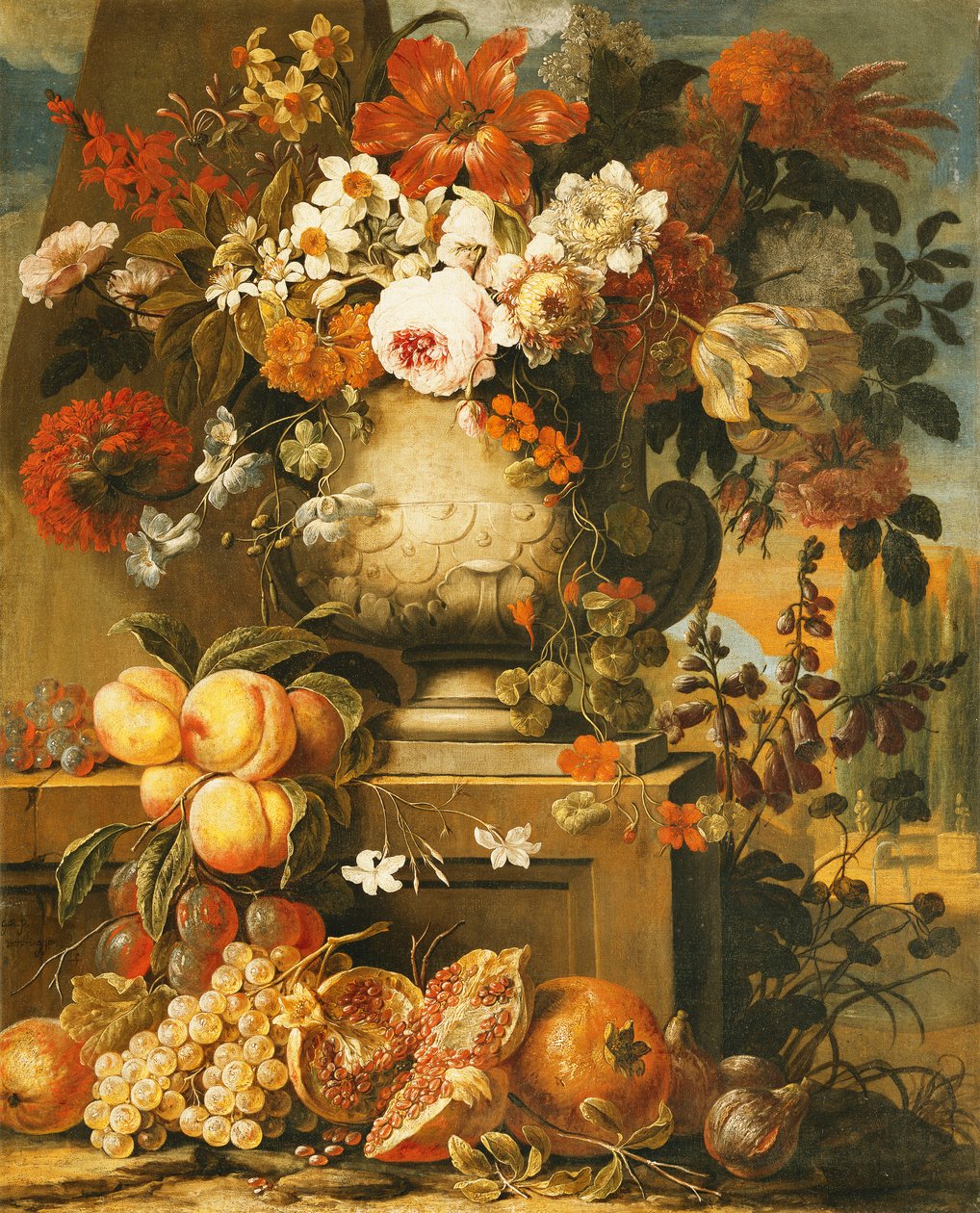 Flowers in Urns on Plinths with Fruit by Gaspar Pieter II Verbruggen