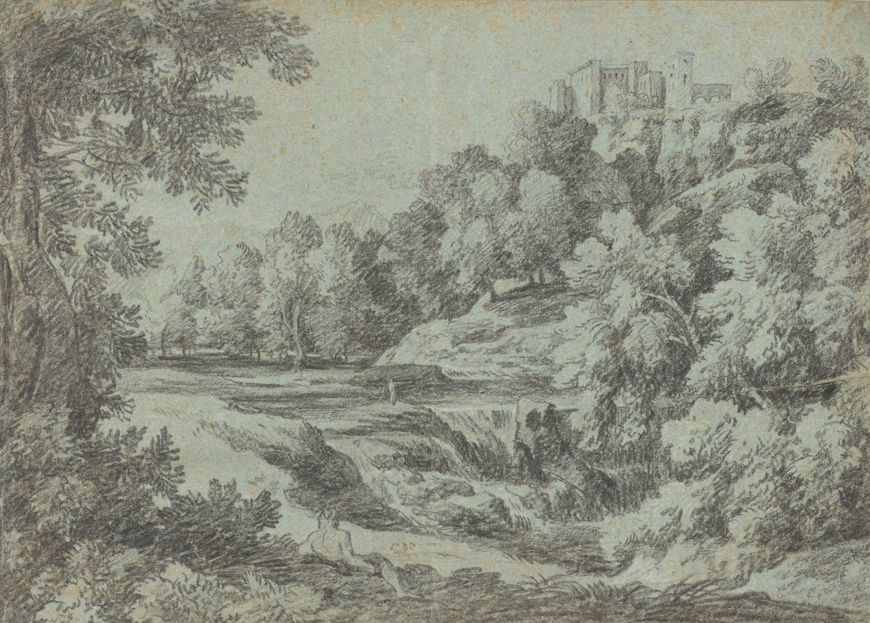 Italian Landscape with Fortifications and a Waterfall by Gaspard Dughet