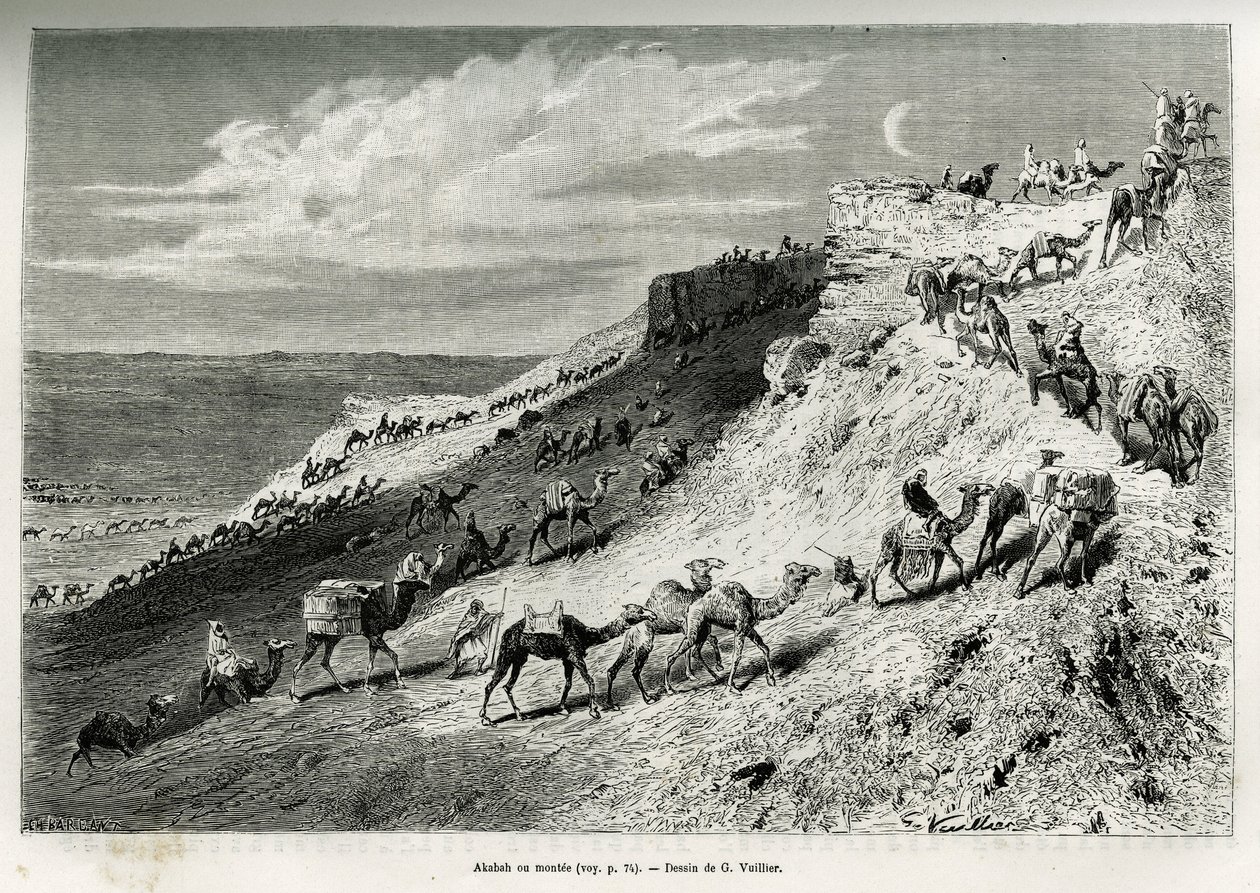 Akabah or Line Up Camels from the Caravan (engraving by G. Vuillier, to illustrate the story 