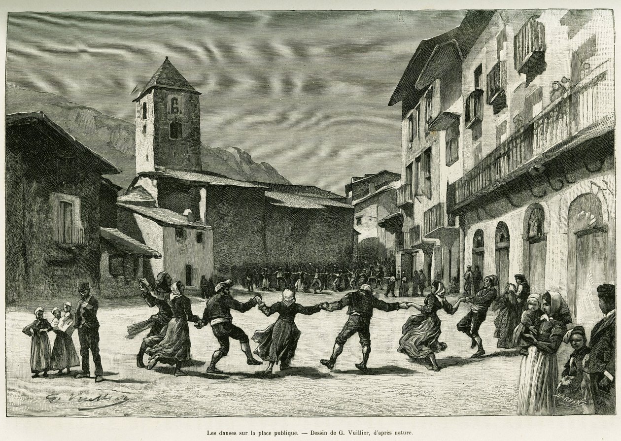 Dances in the public square. Engraving by G.Vuillier, to illustrate the story 