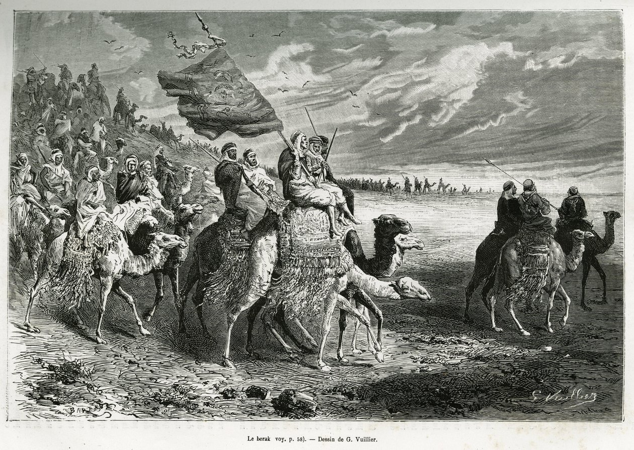 The Berak, the flag of Emir Ibn Al Rashid (1872-1890) (Saudi Arabia). Engraving by G.Vuillier, to illustrate the story Pelerinage au Nedjed, cradle of the Arab race, by Lady Anna Blunt, in 1878-1879, published in the Tour du monde, under the direction of E by Gaston Vuillier